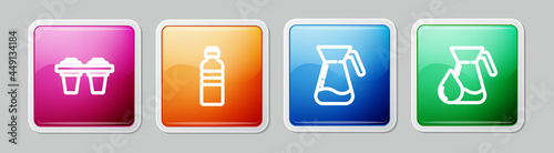 Set line Water filter, Bottle of water, Jug glass with and . Colorful square button. Vector