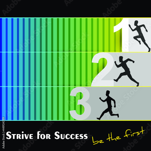 Man silhouette running to be the first, be the best, leader in work with striving for victory. Competitive successful businessman banner concept. Vector illustration sports competitions.