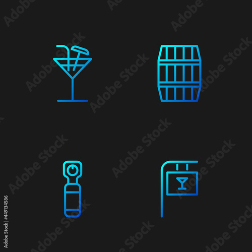 Set line Street signboard with Bar, Bottle opener, Cocktail and Wooden barrel. Gradient color icons. Vector