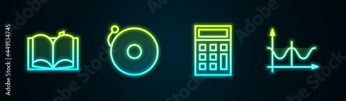 Set line Open book, Ringing alarm bell, Calculator and Graph, schedule, chart, diagram. Glowing neon icon. Vector