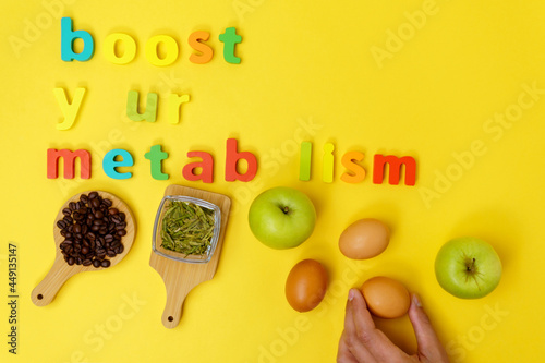 Boost your metabolism weight loss products a yellow background top view. Copy space photo