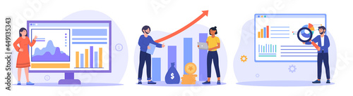 Marketing accounting abstract concept. Marketing investment, demand planning, digital auditing. Employees develop a strategy for the financial growth. Cartoon flat vector set on white background photo
