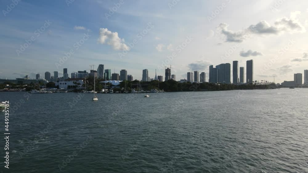 Aerial View of Downtown Miami From Intracoastal Waterway, Boast and Buildings on Evening Sun, Drone Shot Aerial View of Downtown Miami From Intracoastal Waterway, Boast and Buildings on Evening Sun, Drone Shot