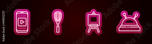 Set line Online play video, Kitchen whisk, Easel or painting art boards and Needle bed and needles. Glowing neon icon. Vector