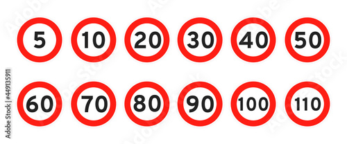 Speed limit 5, 10, 15, 20, 30, 40, 50, 60, 70, 80, 90, 100 round road traffic icon sign flat style design vector illustration set isolated on white background. Circle standard road sign number kmh. photo