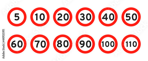 Speed limit 5, 10, 15, 20, 30, 40, 50, 60, 70, 80, 90, 100 round road traffic icon sign flat style design vector illustration set isolated on white background. Circle standard road sign number kmh.