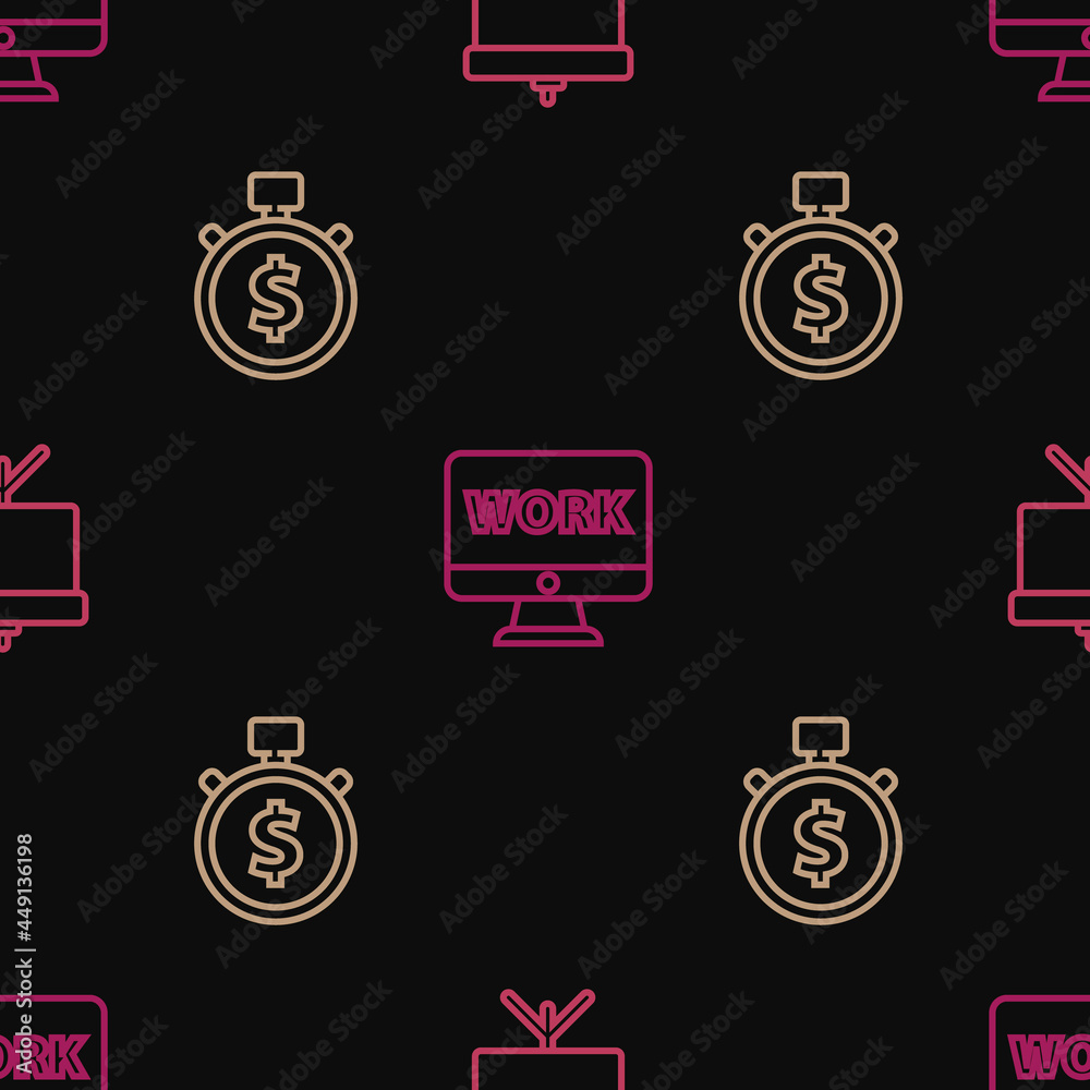 Set line Chalkboard with diagram, Time is money and Monitor text work on seamless pattern. Vector