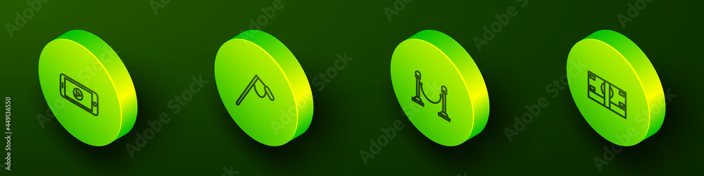 Set Isometric line Online play video, Microphone, Rope barrier and Stacks paper money cash icon. Vector Set Isometric line Online play video, Microphone, Rope barrier and Stacks paper money cash icon. Vector