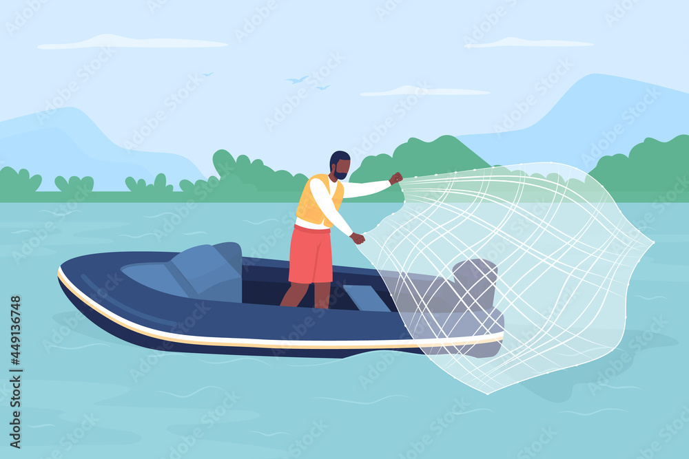 Catching fish with casting net flat color vector illustration. Sport fishing.  Outdoor enthusiast. Using fish trap. Fisherman in motorboat 2D cartoon  character with greenery on background Stock Vector