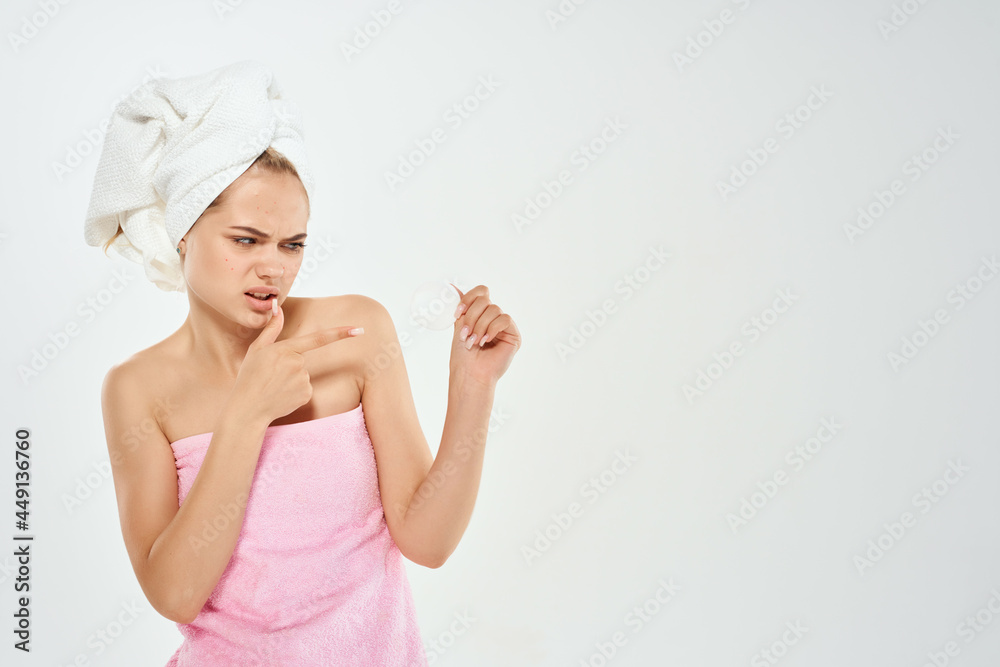 woman covered with towel bare shoulders skin care health light background woman covered with towel bare shoulders skin care health light background