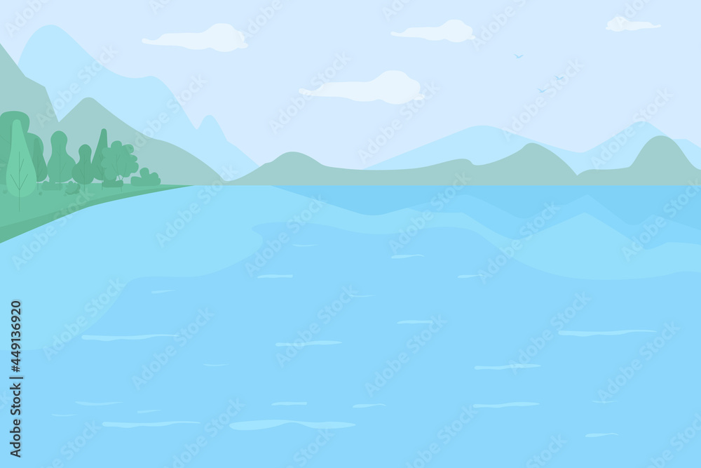 Large lake surrounded by hills flat color vector illustration. Place for fishing experience. Pristine nature. Freshwater reservoir 2D cartoon landscape with mountain ranges on background
