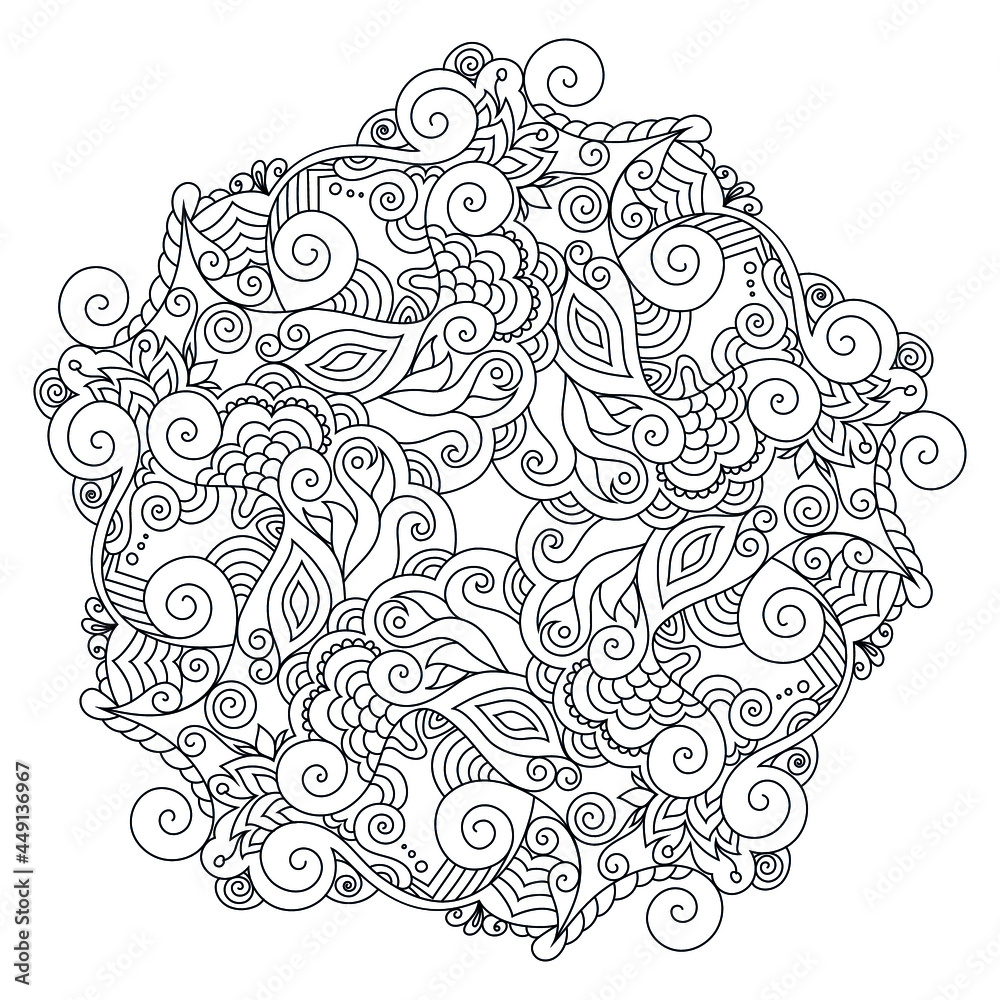 Zentangle mandala coloring book page. Zendoodle line art black and white outline illustration. Zentangle mandala coloring book page. Zendoodle line art black and white outline illustration.