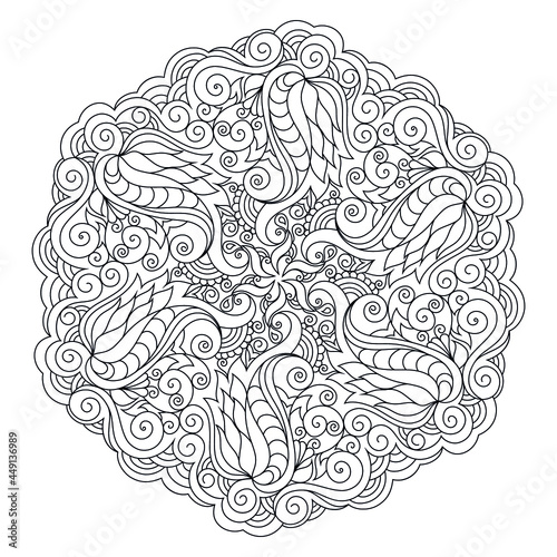 Zentangle mandala coloring book page. Zendoodle line art black and white outline illustration. 