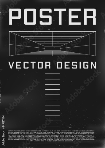 Retrofuturistic poster design with perspective tunnel. Cyberpunk 80s style poster with perspective rectangular tunnel. Shabby scratched flyer template for your design. Vector