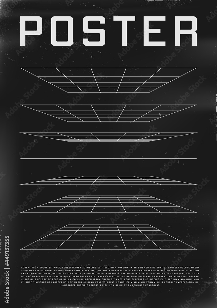 Retrofuturistic poster design with perspective grids. Cyberpunk 80s style poster with perspective layers. Shabby scratched flyer template for your design. Vector