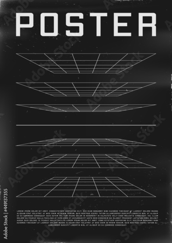 Obraz na płótnie Retrofuturistic poster design with perspective grids. Cyberpunk 80s style poster with perspective layers. Shabby scratched flyer template for your design. Vector w salonie