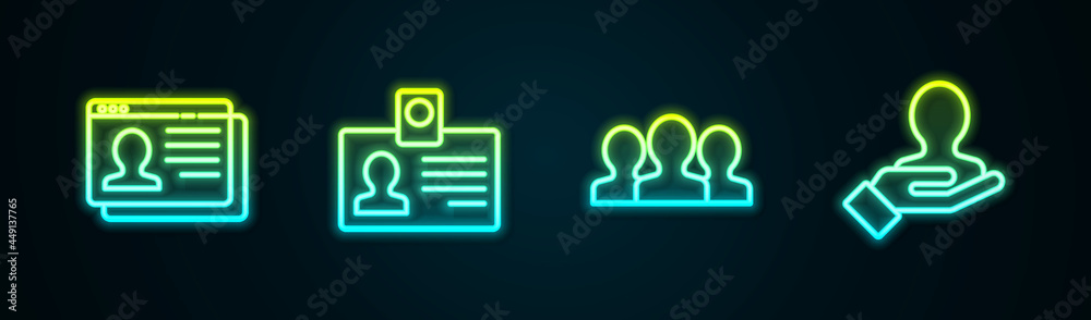 Set line Resume, Identification badge, Users group and Hand for search people. Glowing neon icon. Vector Set line Resume, Identification badge, Users group and Hand for search people. Glowing neon icon. Vector