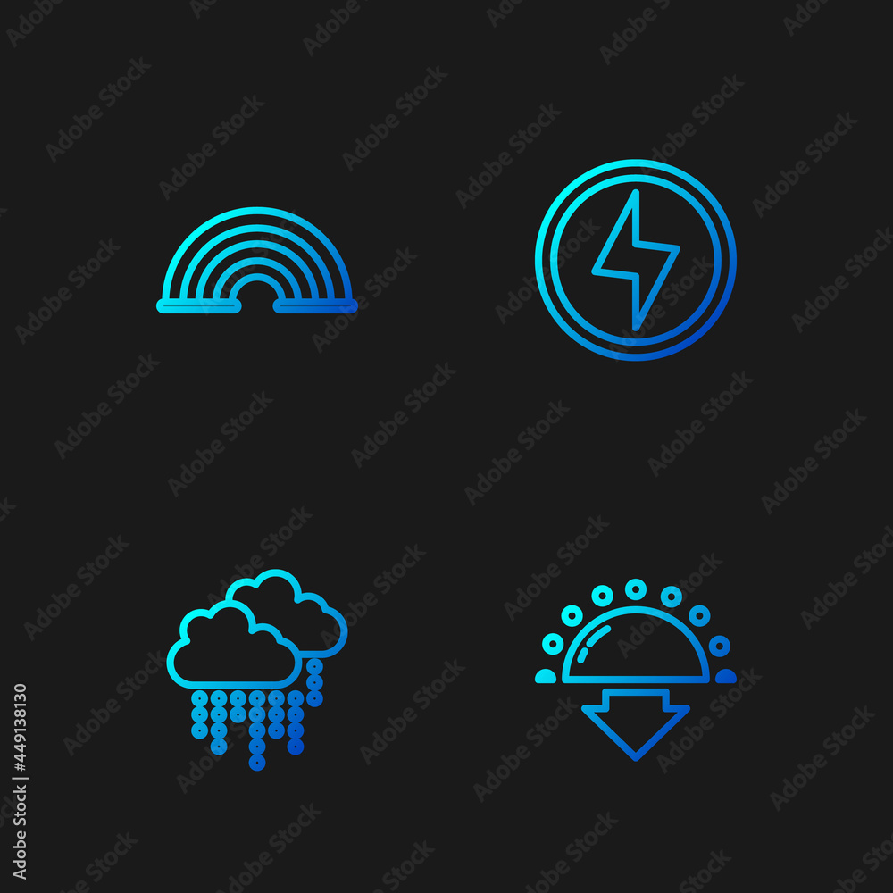 Set line Sunset, Cloud with rain, Rainbow and Lightning bolt. Gradient color icons. Vector