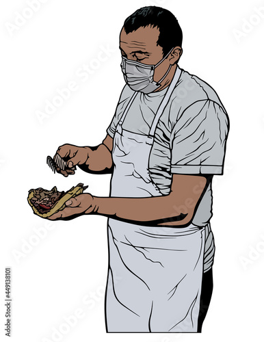 Cook Preparing a Turkish Doner Kebab or Greek Gyros - Colored Illustration Isolated on White Background, Vector