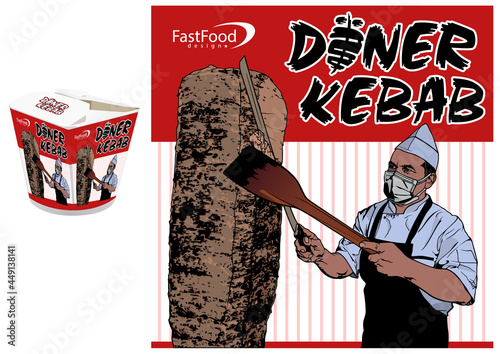 Graphic Design of the Cover for Doner Kebab - Colored Illustration with 3D model of Printed Paper Box Isolated on White Background, Vector