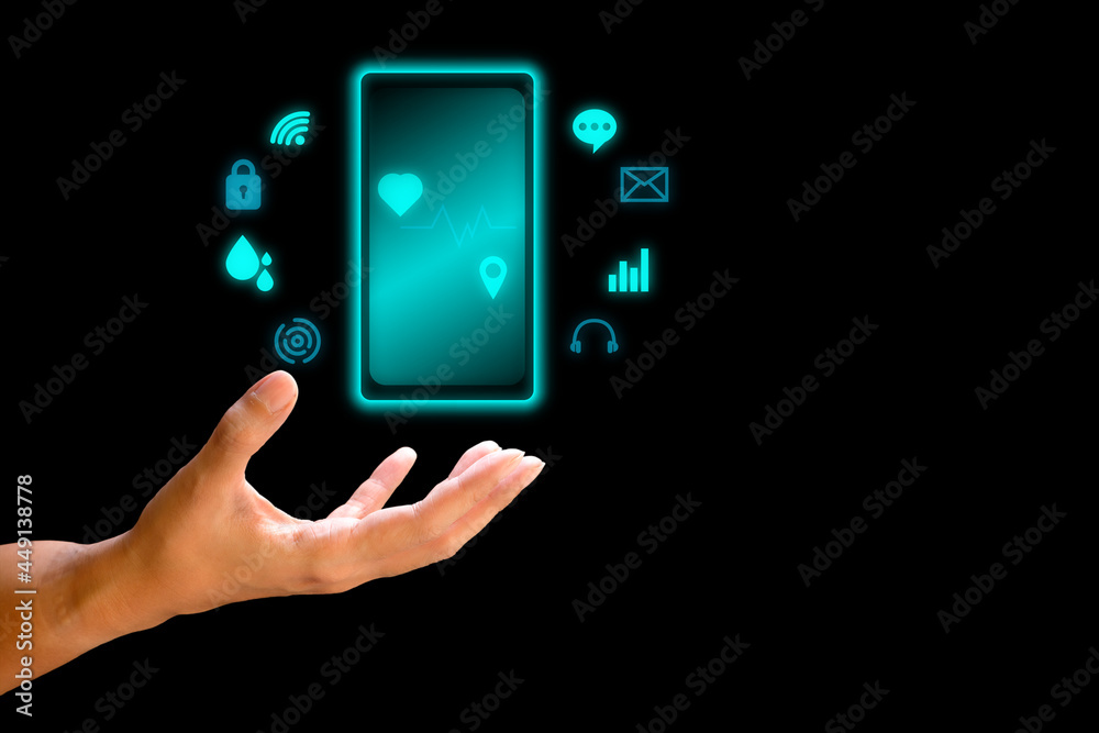 Smartphone and health concept. Hand hold electronic intelligence mobile with health, communication, wifi, network icon on blue background. Smartphone and health concept. Hand hold electronic intelligence mobile with health, communication, wifi, network icon on blue background.