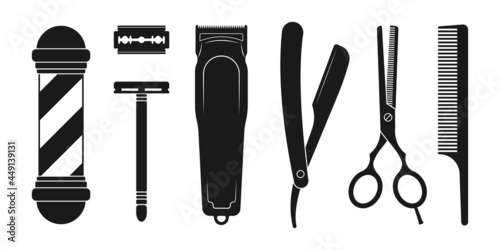 Barber and hairdresser icon set. Barbershop tools. Hair cut instruments with straight razor, comb, scissors and barber pole. Vector illustration.