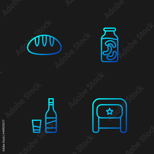 Set line Ushanka, Bottle of vodka with glass, Bread loaf and Pickled cucumbers in jar. Gradient color icons. Vector