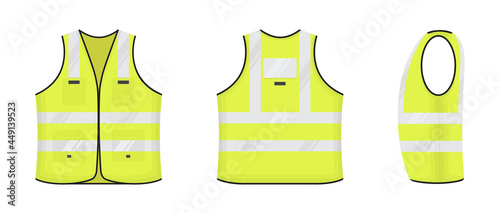 Safety reflective vest icon sign flat style design vector illustration set. Yellow fluorescent security safety work jacket with reflective stripes. Front, side and back view road uniform vest. photo