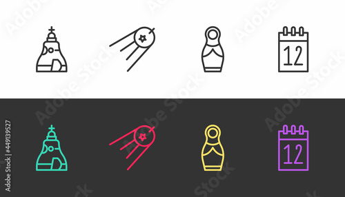 Set line The Tsar bell, Satellite, Russian doll matryoshka and Calendar 12 june on black and white. Vector