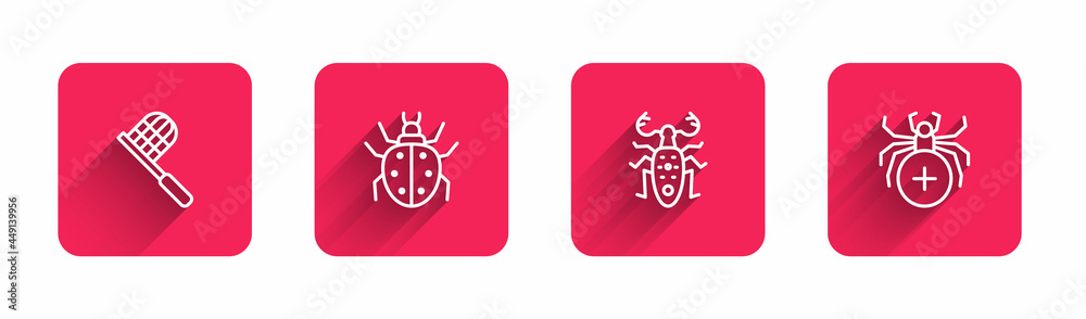 Set line Butterfly net, Mite, Beetle deer and Spider with long shadow. Red square button. Vector Set line Butterfly net, Mite, Beetle deer and Spider with long shadow. Red square button. Vector