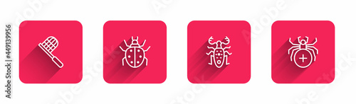 Set line Butterfly net, Mite, Beetle deer and Spider with long shadow. Red square button. Vector