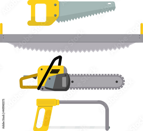 Wood saw for rough cutting. Tools. Sawing logs. Flat design.