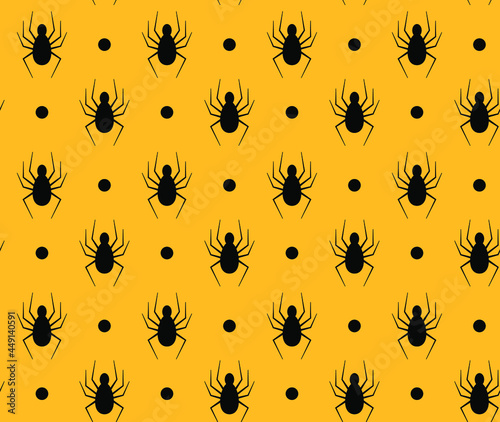 Seamless vector pattern on the theme of Halloween, spiders on an orange background. Endless texture for wallpaper, flyers, covers, banners, fill pattern, web page, background, surface.

