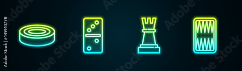 Set line Checker game chips, Domino, Chess and Backgammon board. Glowing neon icon. Vector