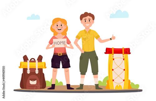  Tourist couple hitchhiking on road. Man and woman with backpacks standing on roadside and thumbing for ride. Tourists on summer vacation. Vector illustration.