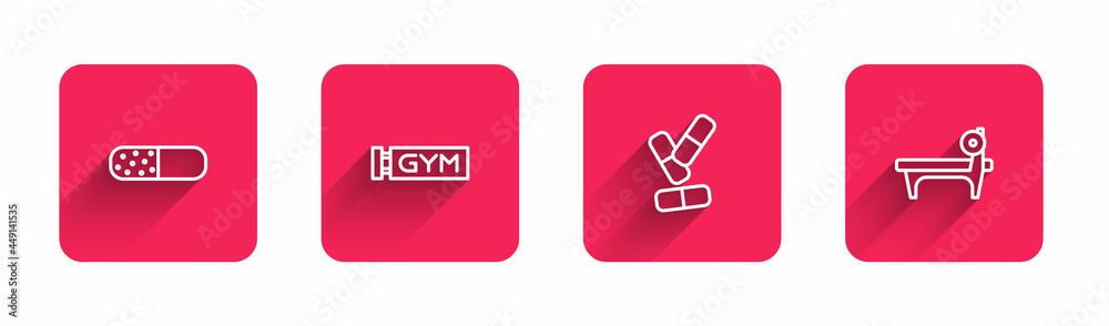 Set line Vitamin pill, Location gym, and Bench with barbel with long shadow. Red square button. Vector Set line Vitamin pill, Location gym, and Bench with barbel with long shadow. Red square button. Vector
