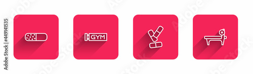 Set line Vitamin pill, Location gym, and Bench with barbel with long shadow. Red square button. Vector