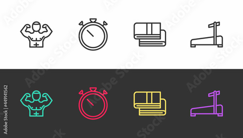 Set line Bodybuilder muscle, Stopwatch, Towel stack and Treadmill machine on black and white. Vector