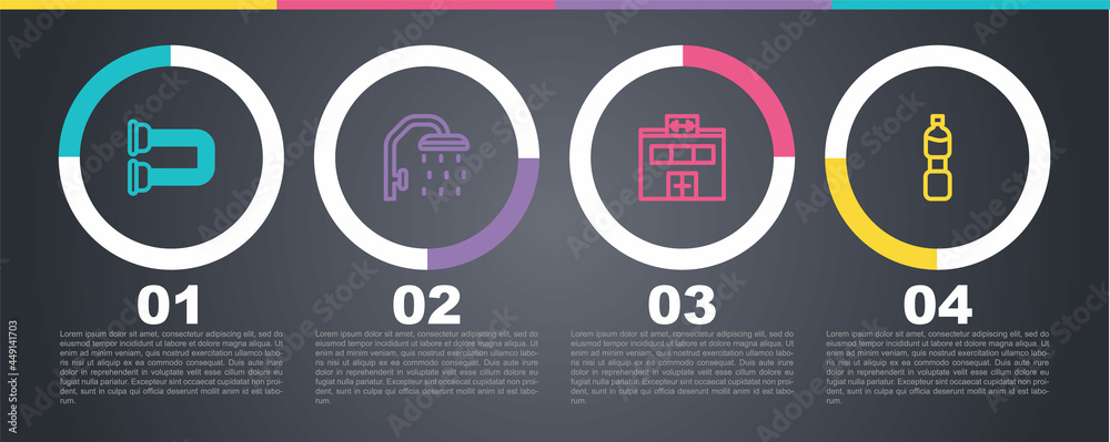 Set line Chest expander, Shower head, Gym building and Bottle of water. Business infographic template. Vector Set line Chest expander, Shower head, Gym building and Bottle of water. Business infographic template. Vector