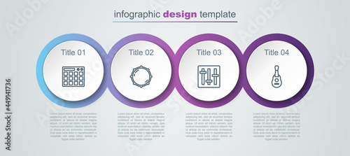 Set line Drum machine, Dial knob level, Sound mixer controller and Guitar. Business infographic template. Vector