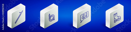 Set Isometric line Metal pike pole, Fire hose reel, Telephone call 911 and boots icon. Vector