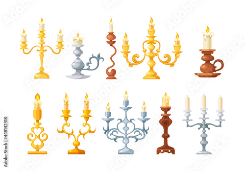 Retro candles in candlesticks set. Retro vintage candle holders, chandelier and candelabrums with burning flames and decorative yellow bronze and silver. Household and church items