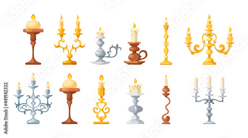 Retro candles in candlesticks set. Retro vintage candle holders, chandelier and candelabrums with burning flames and decorative yellow bronze and silver. Household and church items