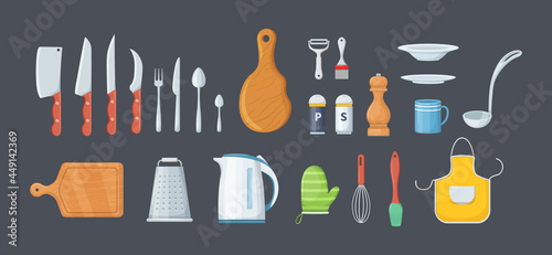 House cookware utensils for cooking, metallic and ceramic kitchen crockery. Kitchenware cooking objects, equipment for cooking, cups, dishes, bowls, knives, cutlery, pots, meat grinder, mixer