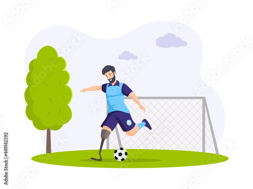 Disabled male football player with amputated leg. Athletic champion playing sport game handicapped