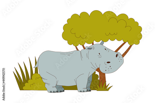 Grey Hippo as African Animal Standing Near Green Bush Vector Illustration