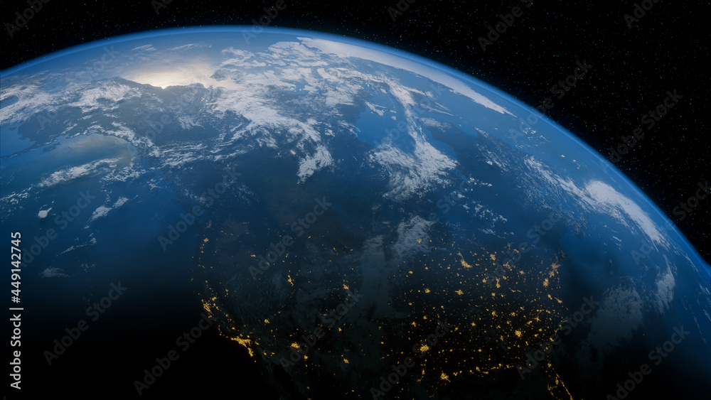 Earth in Space. Photorealistic 3D Render of the Globe, with views of USA and North America. Climate Concept. Earth in Space. Photorealistic 3D Render of the Globe, with views of USA and North America. Climate Concept.