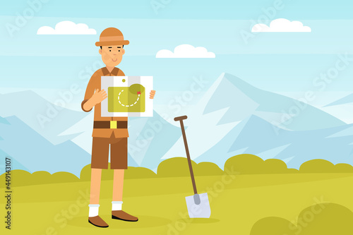 Man Archaeologist with Map and Shovel Searching for Material Remains Vector Illustration