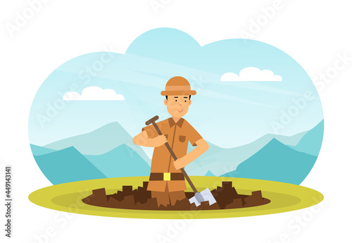 Man Archaeologist with Shovel Searching for Material Remains Vector Illustration