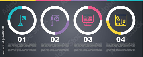 Set line Cafe and restaurant location, Train station clock, Ticket office to buy tickets and Route. Business infographic template. Vector